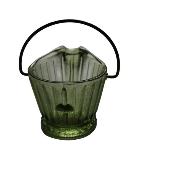 VTG Hazel Atlas Green Glass Miniature Coal Bucket Toothpick Holder Ashtray - Picture 8 of 10